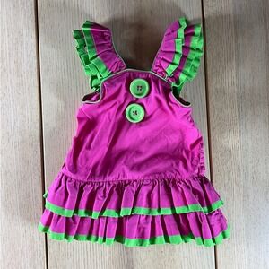 Mud‎ Pie Baby Girls Pink Lime Green Ruffled Tiered Cotton Dress 0-6M